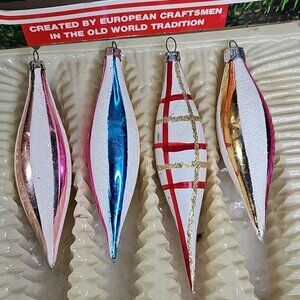 Vintage Christmas Ornaments Glass Oblong With Glitter With Box